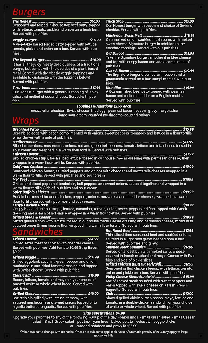 Menu, Toby's Pub & Eatery