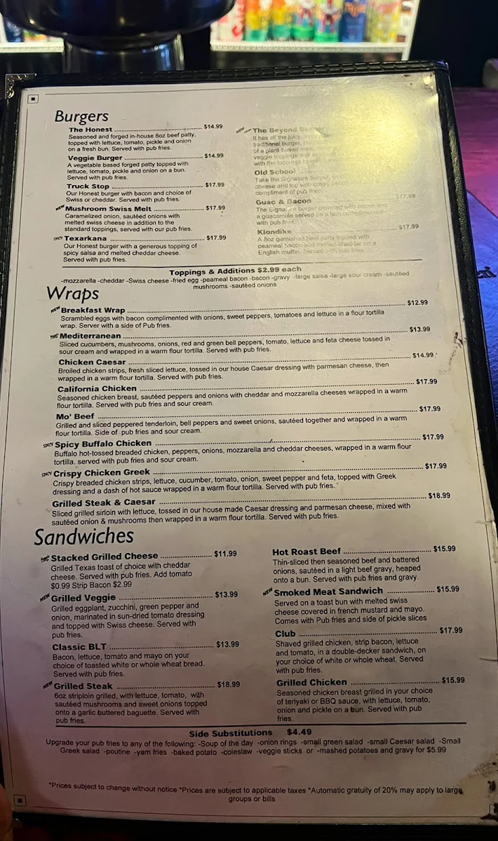 Menu, Toby's Pub & Eatery