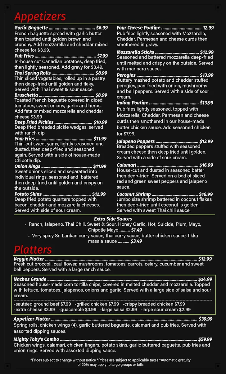 Menu, Toby's Pub & Eatery