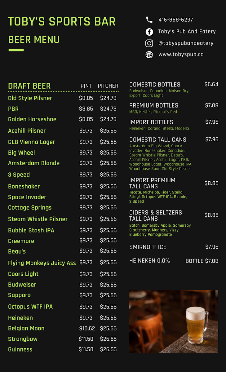 Menu, Toby's Pub & Eatery