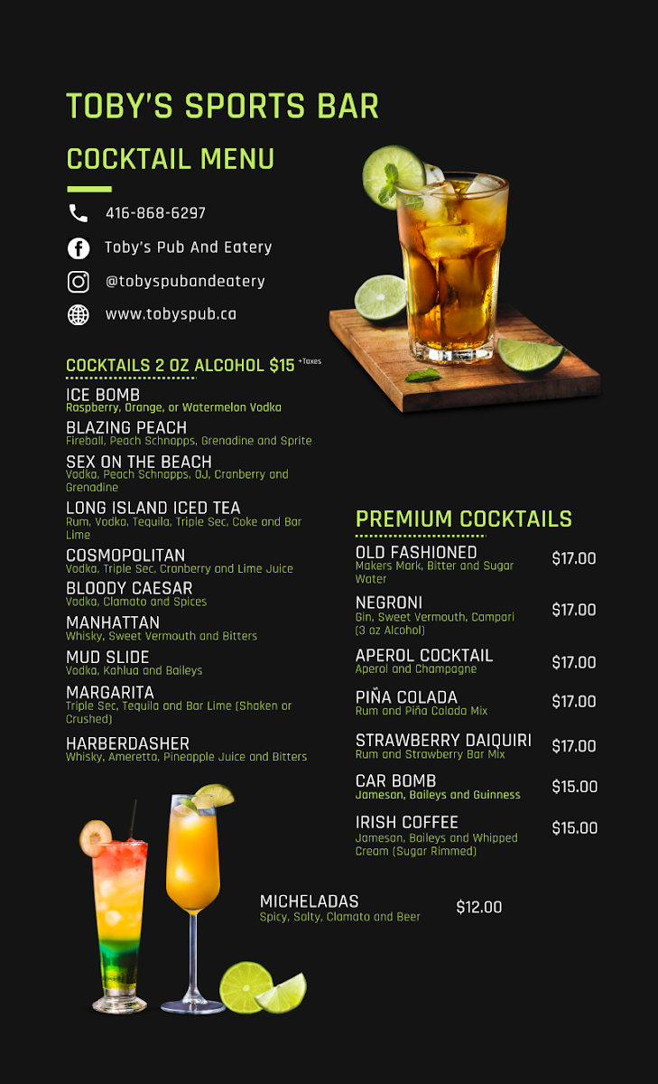 Menu, Toby's Pub & Eatery