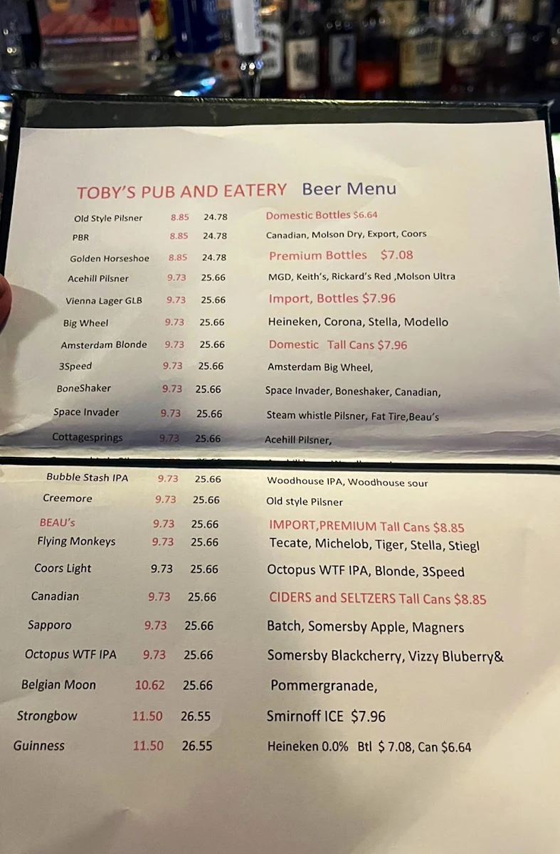 Menu, Toby's Pub & Eatery