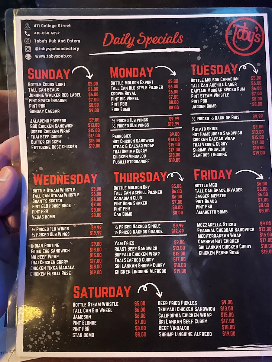 Menu, Toby's Pub & Eatery