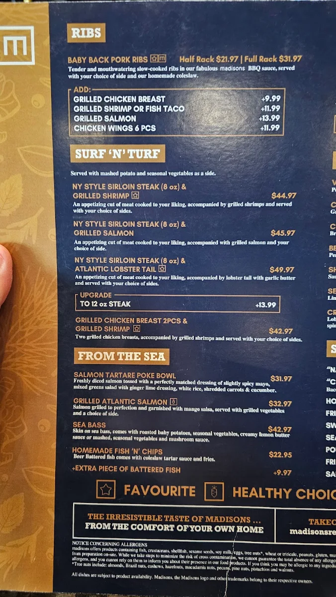 Menu, Madisons Restaurant & Bar