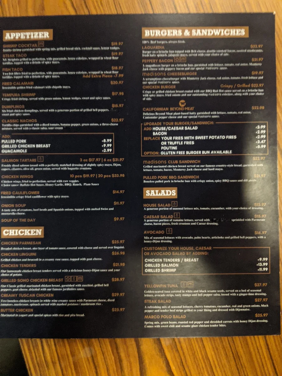 Menu, Madisons Restaurant & Bar