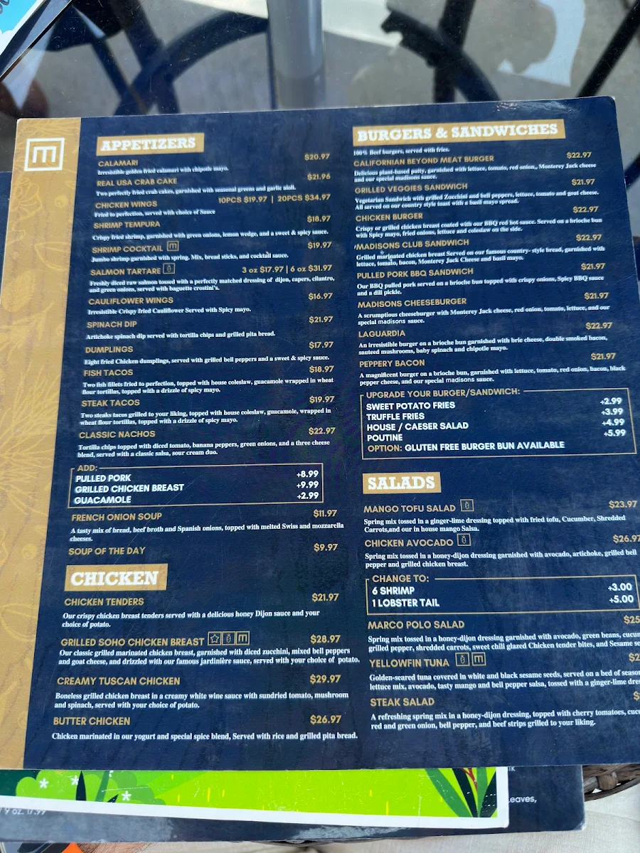 Menu, Madisons Restaurant & Bar