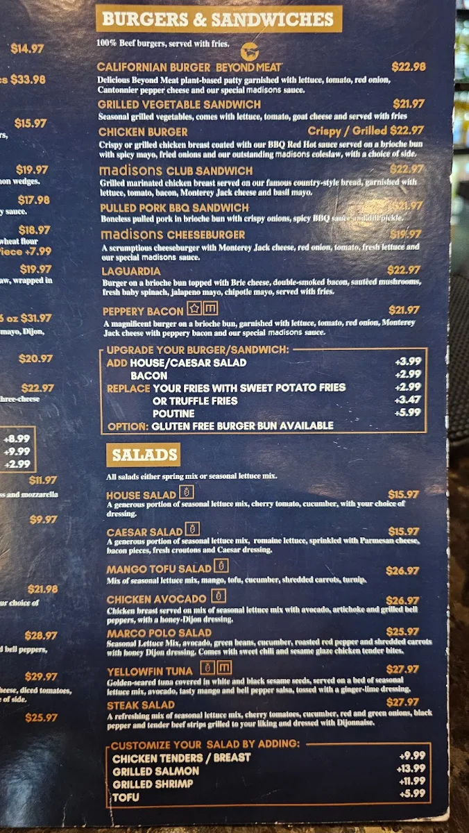 Menu, Madisons Restaurant & Bar