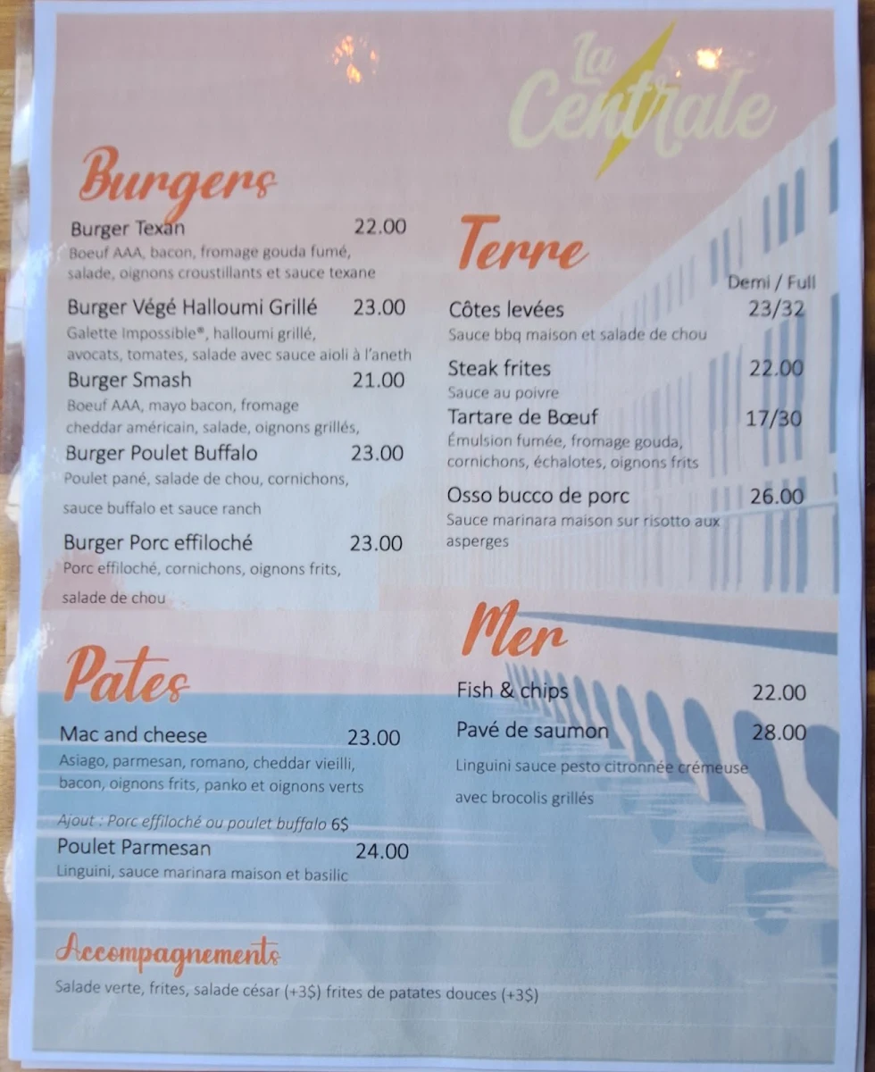 Menu, La Centrale - Microbrasserie