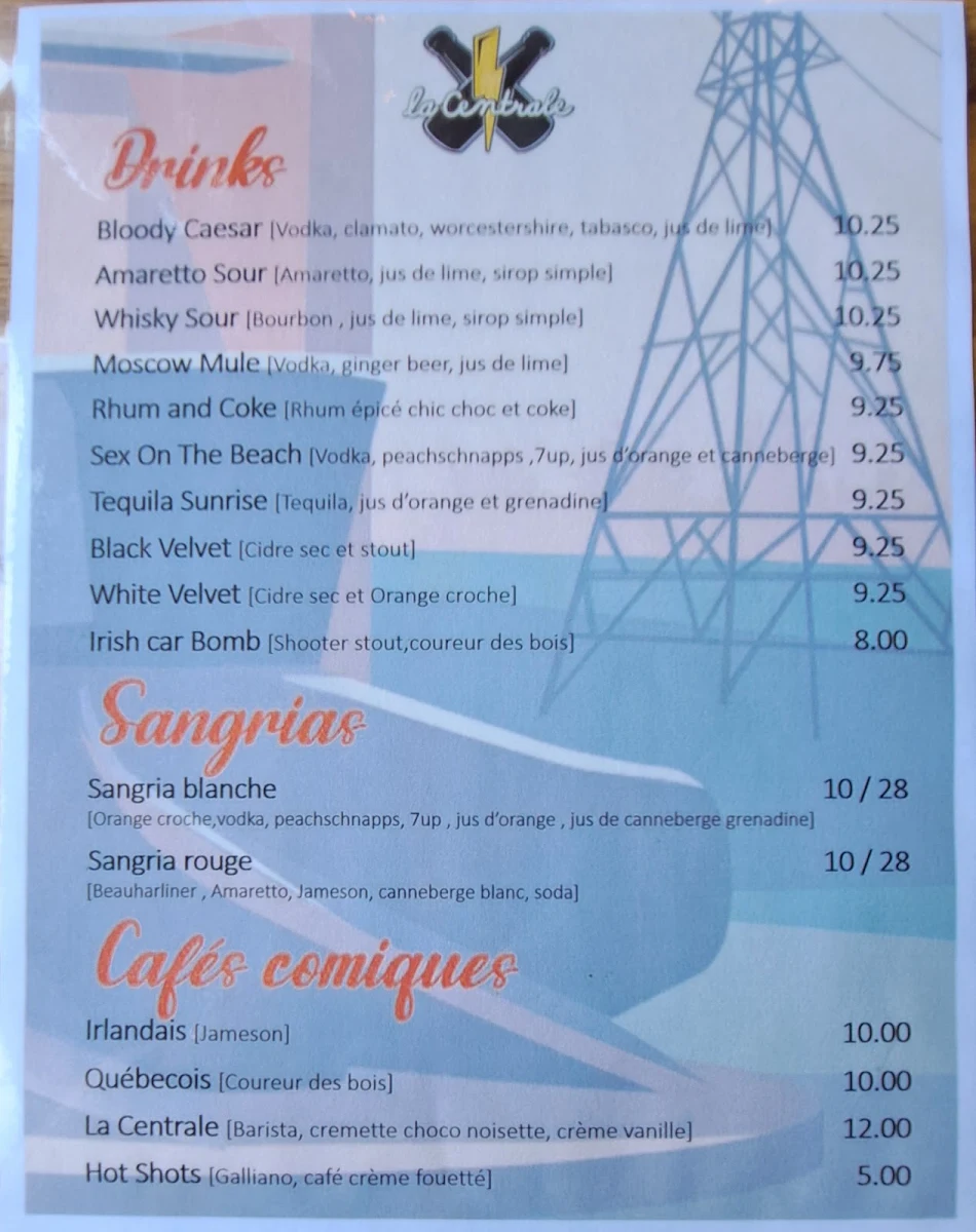 Menu, La Centrale - Microbrasserie
