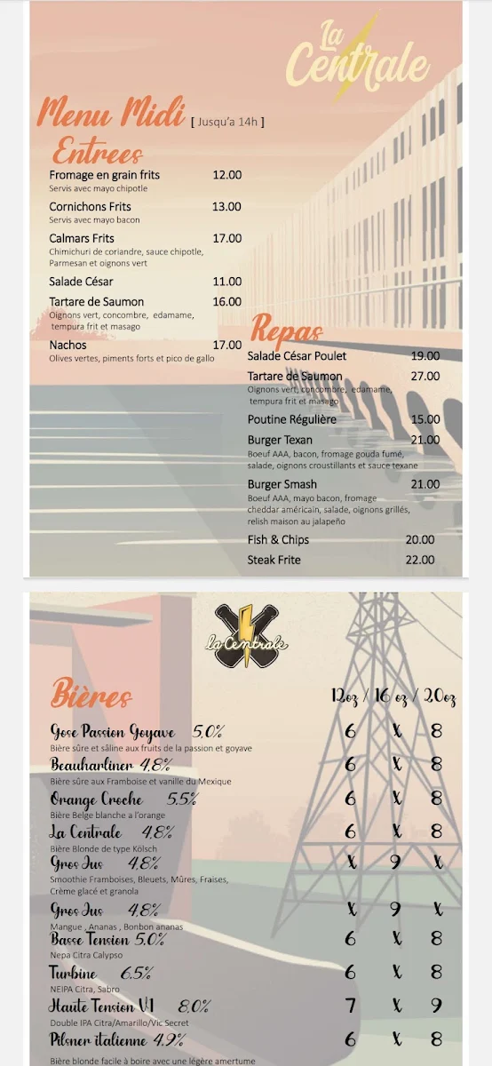Menu, La Centrale - Microbrasserie