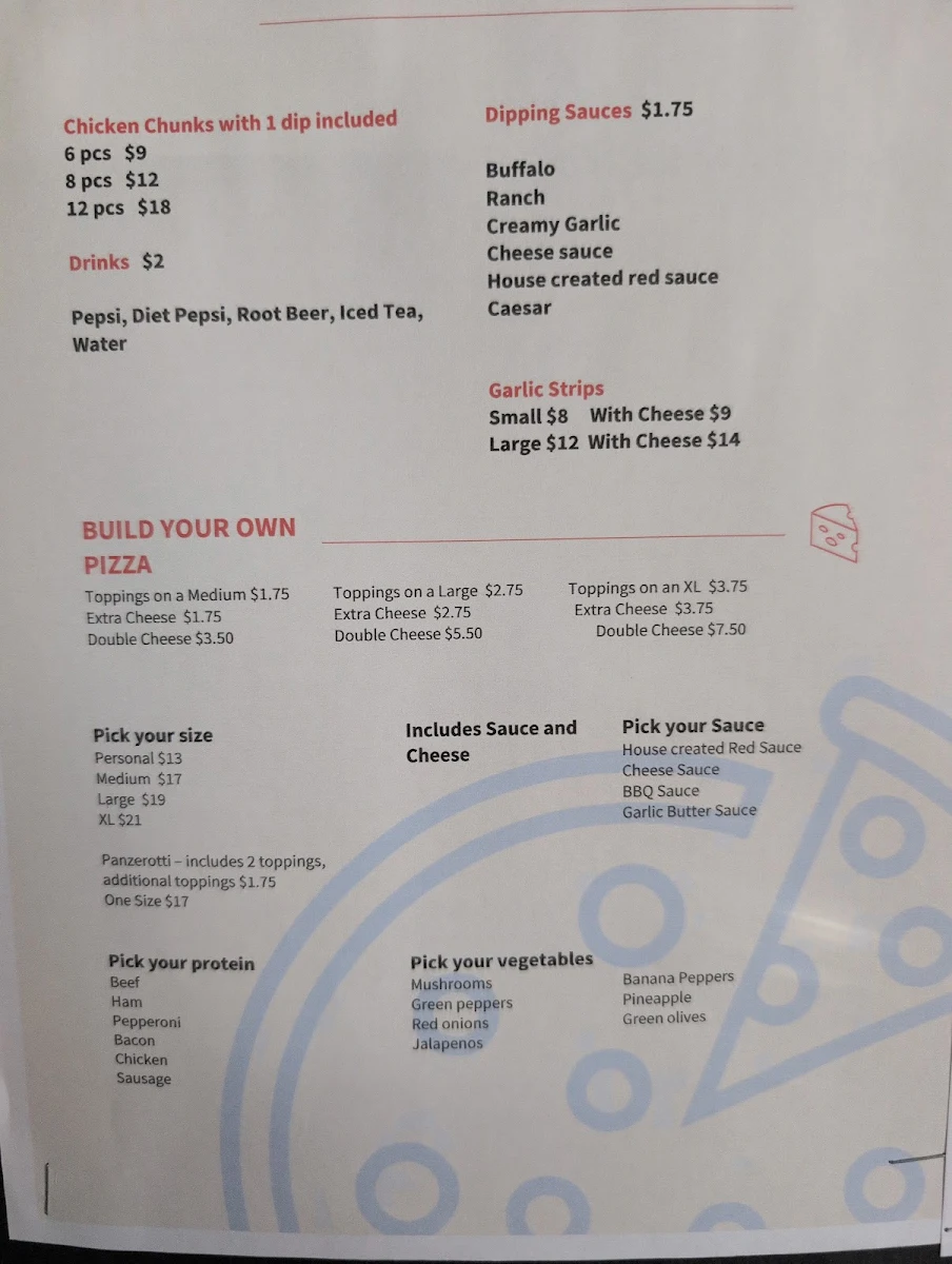 Menu, Haliburton Pizza Pasta Plus