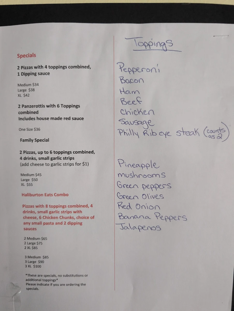 Menu, Haliburton Pizza Pasta Plus