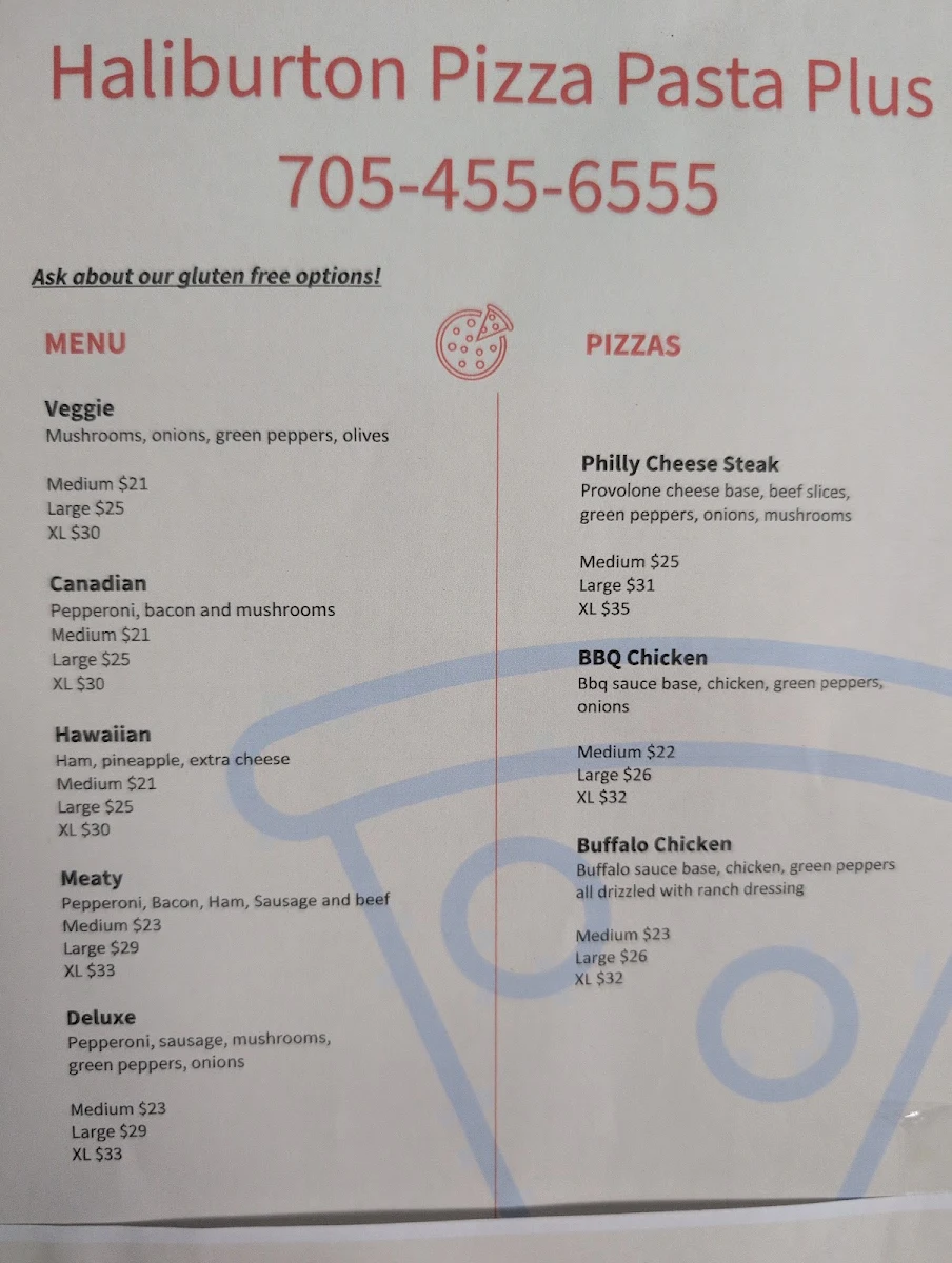 Menu, Haliburton Pizza Pasta Plus