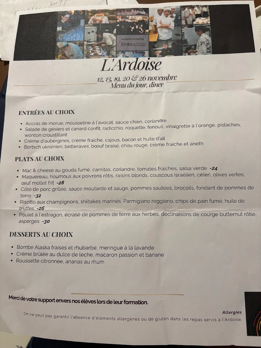 Menu, Restaurant Ardoise