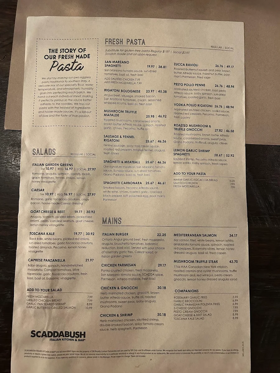 Menu, Scaddabush Italian Kitchen & Bar Whitby