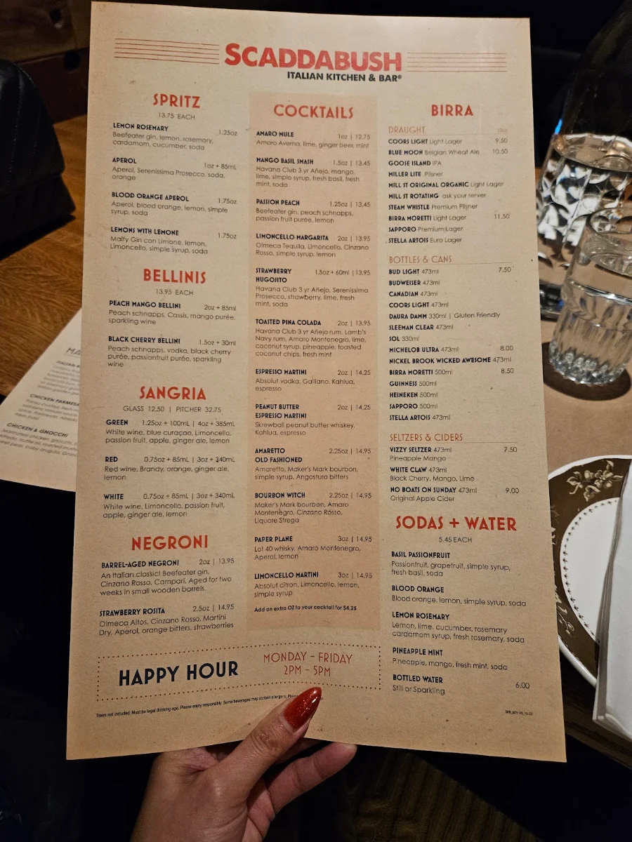 Menu, Scaddabush Italian Kitchen & Bar Whitby
