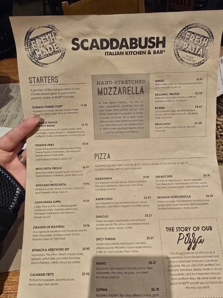 Menu, Scaddabush Italian Kitchen & Bar Whitby