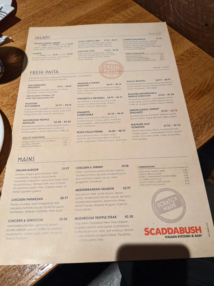 Menu, Scaddabush Italian Kitchen & Bar Whitby