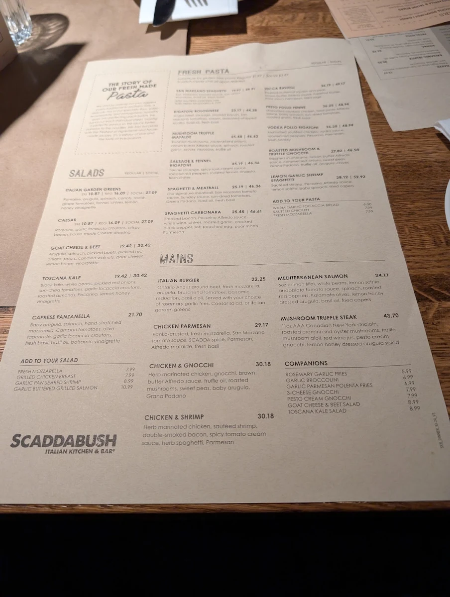 Menu, Scaddabush Italian Kitchen & Bar Whitby