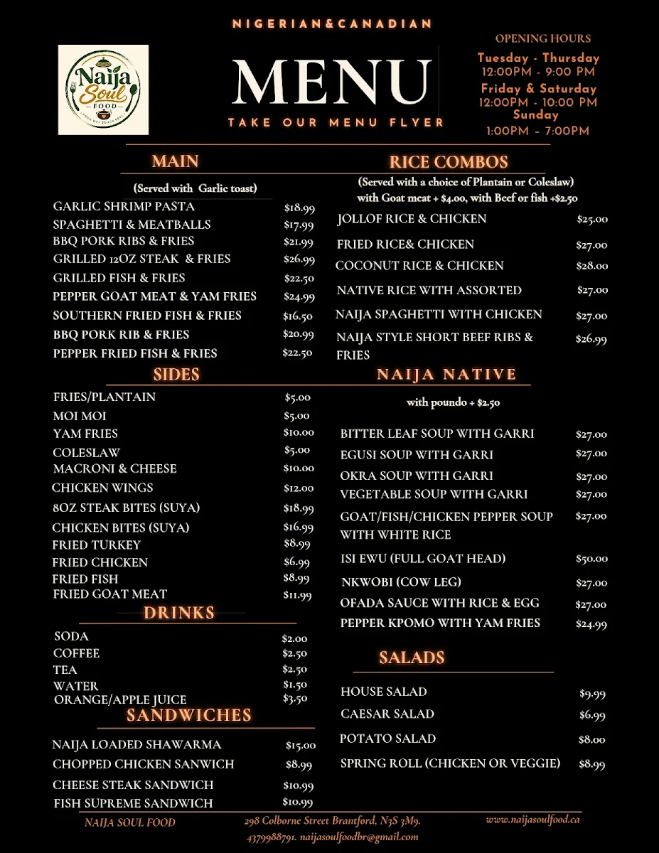 Menu, Naija Soul Food