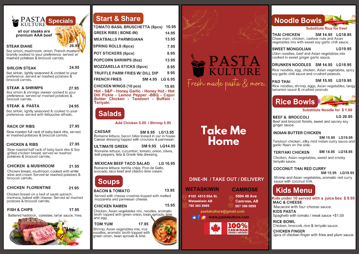 Menu, Pasta Kulture