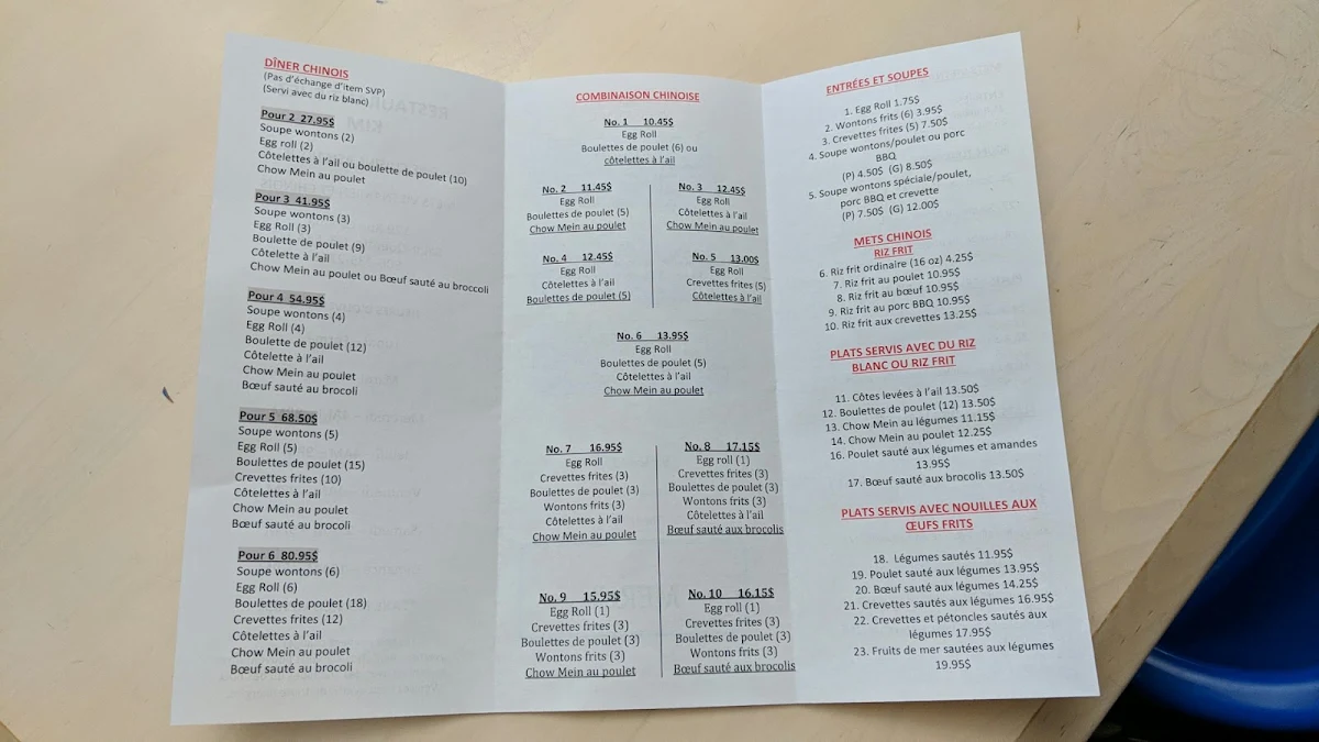 Menu, Restaurant Chez Kim