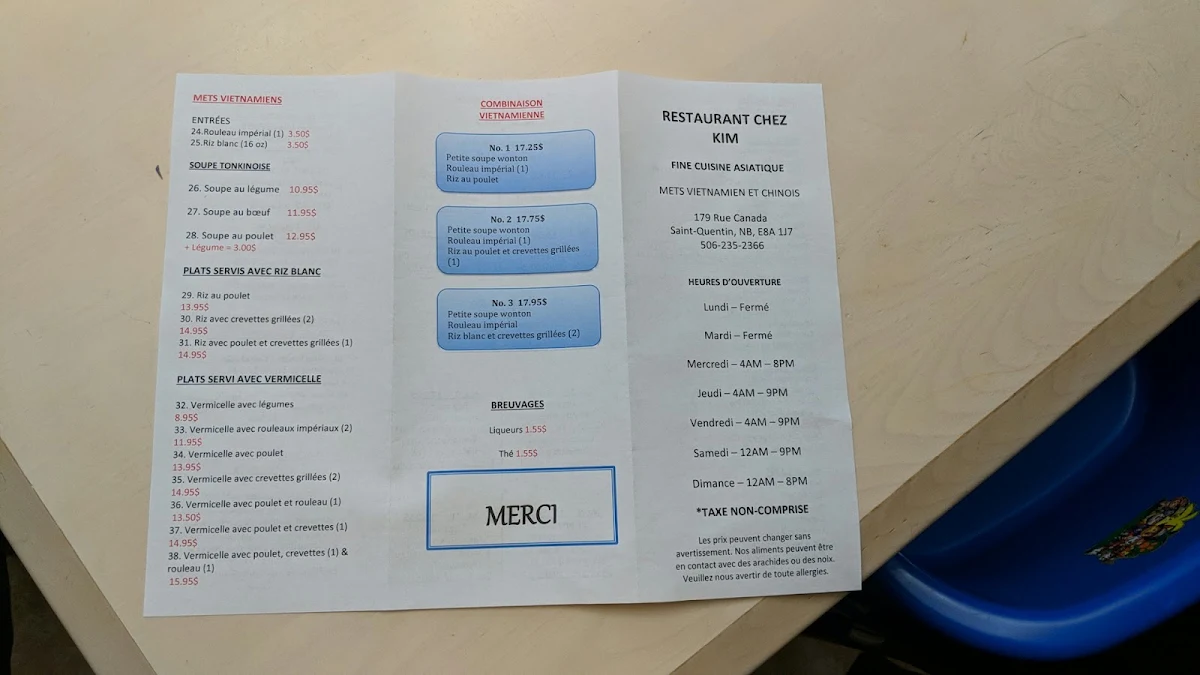 Menu, Restaurant Chez Kim