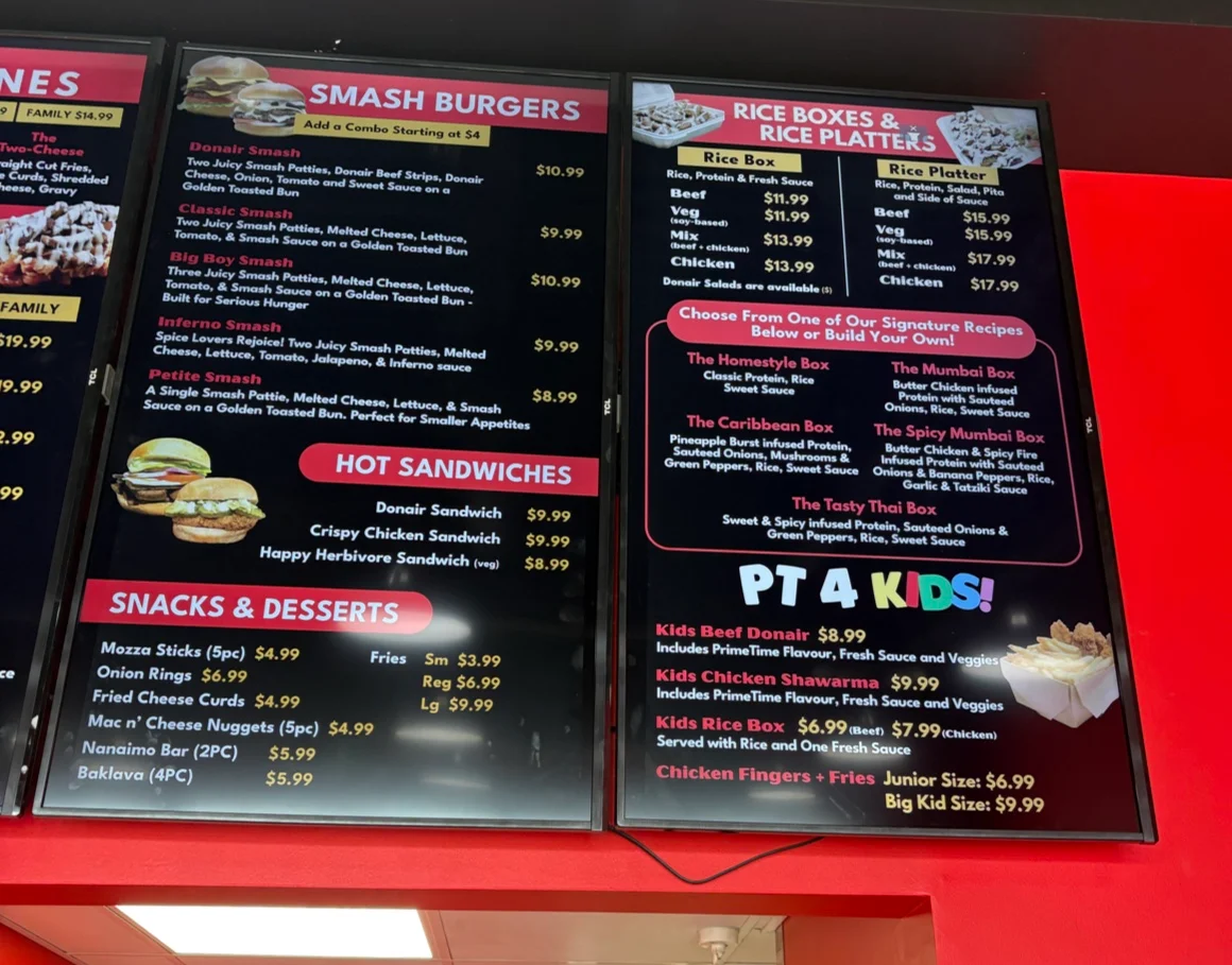 Menu, PrimeTime Donair & Poutine