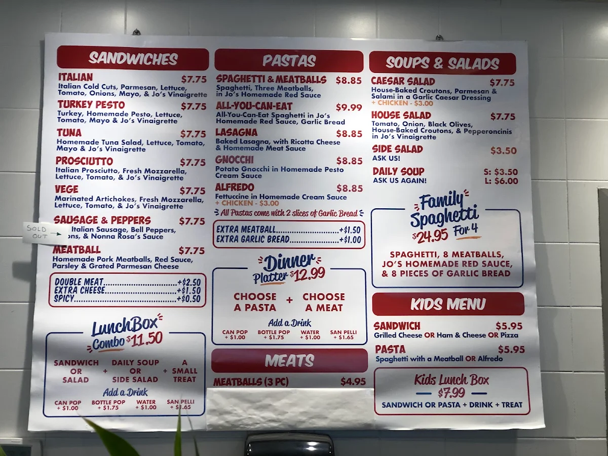 Menu, Jo's Italian Deli