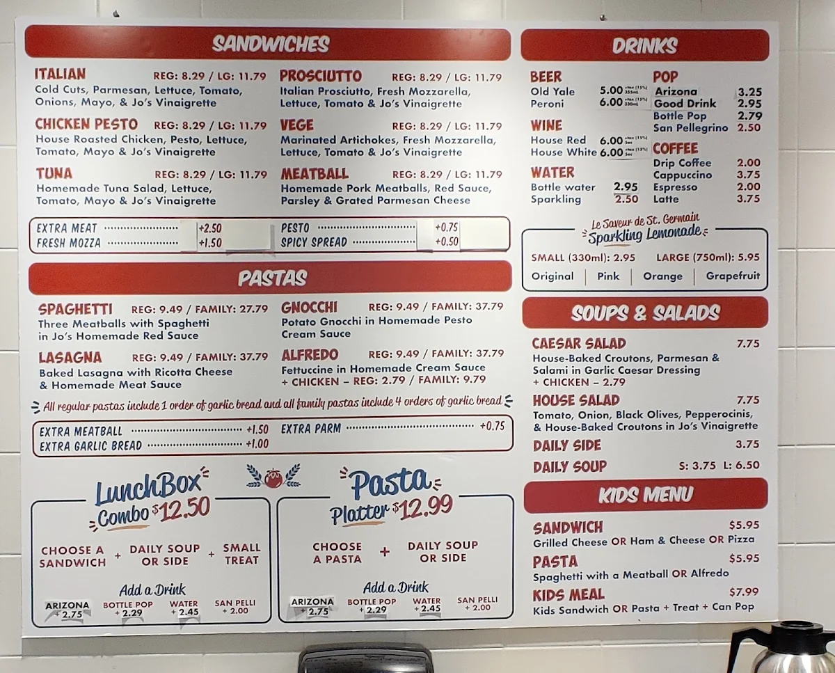 Menu, Jo's Italian Deli
