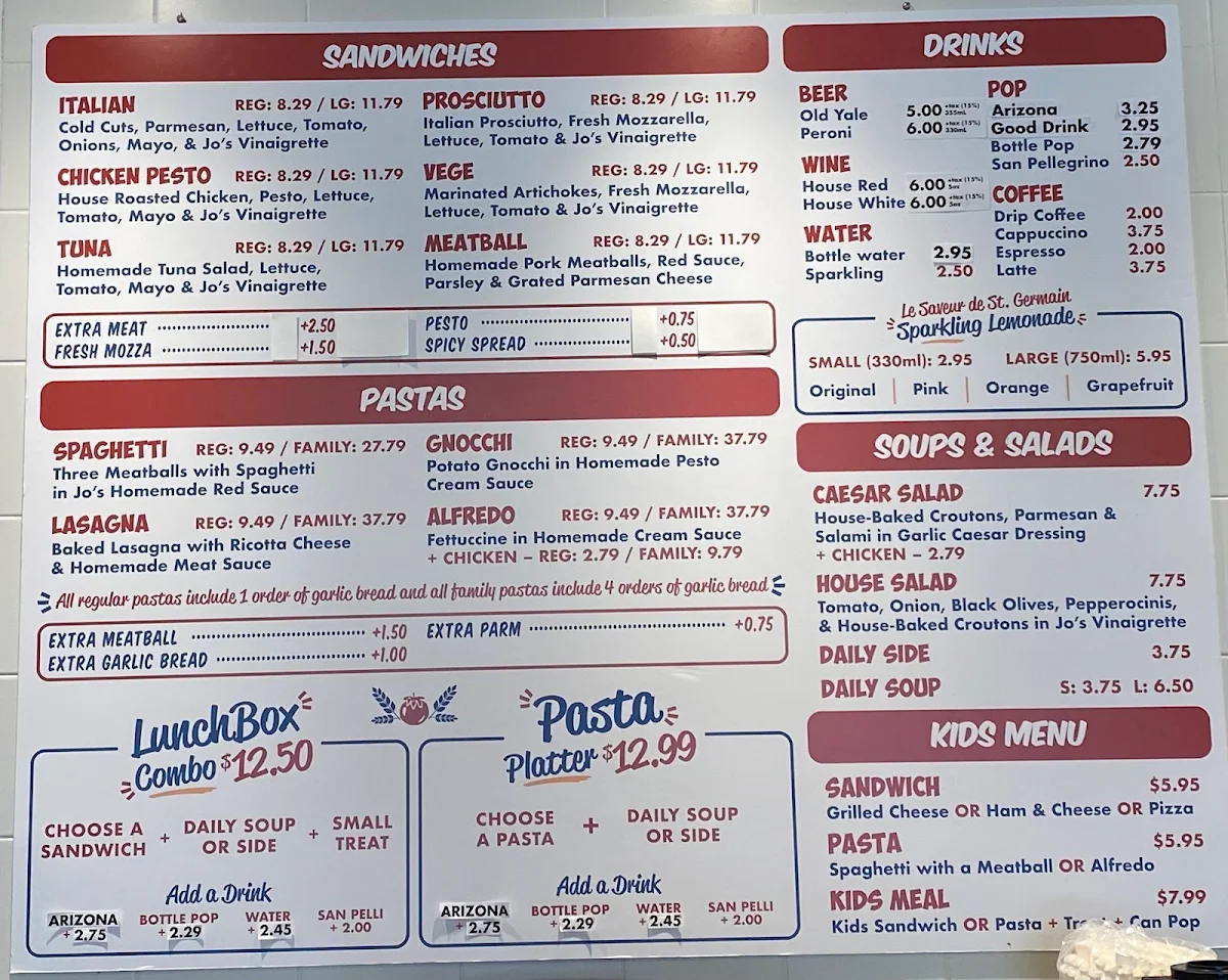 Menu, Jo's Italian Deli