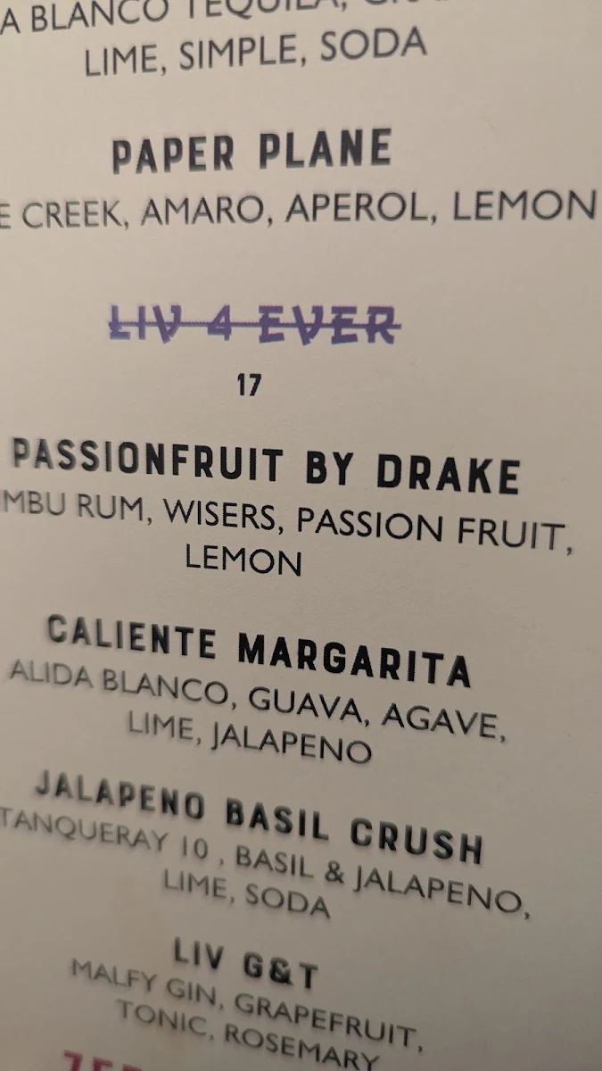 Menu, LIV