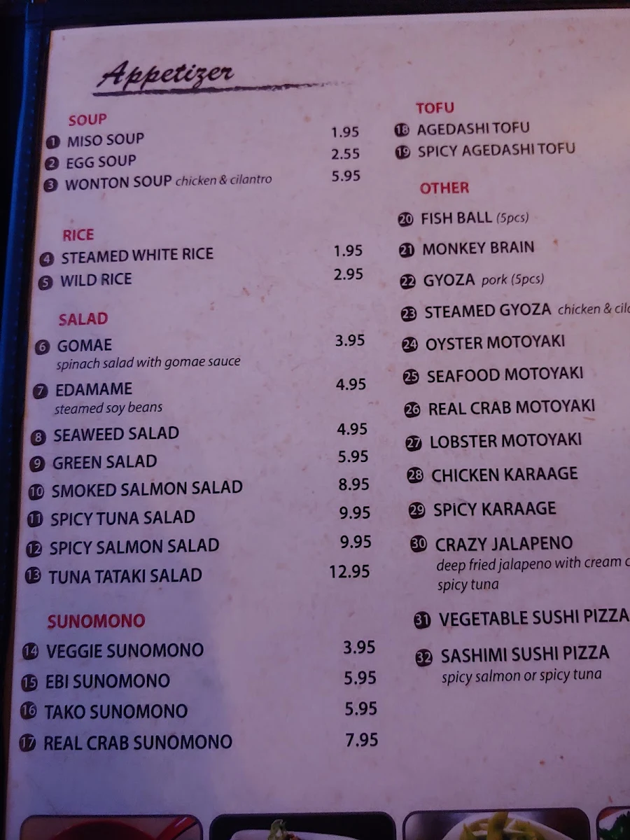 Menu, Sushi Story
