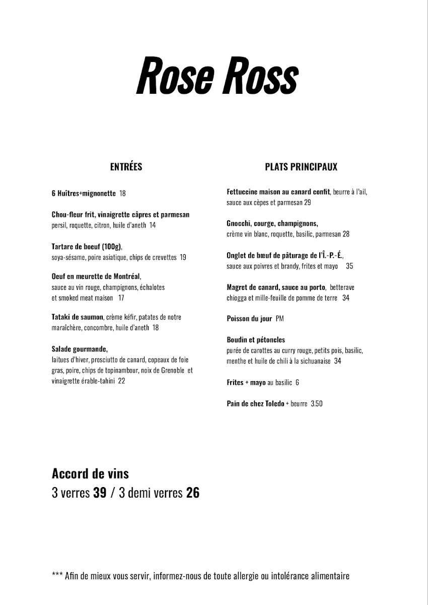 Menu, Rose Ross Restaurant
