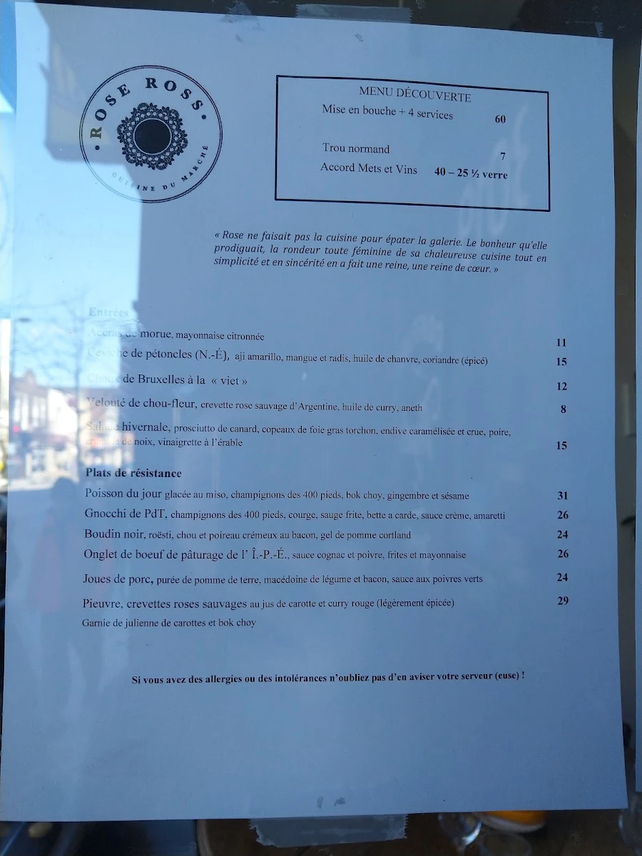 Menu, Rose Ross Restaurant