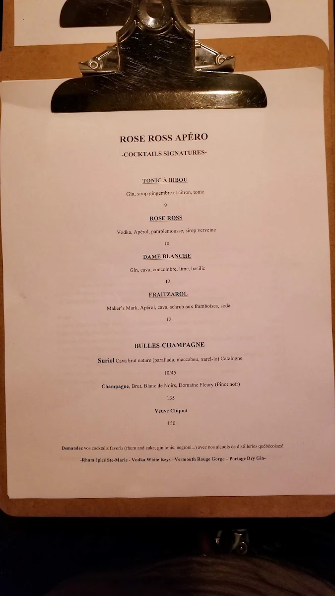 Menu, Rose Ross Restaurant