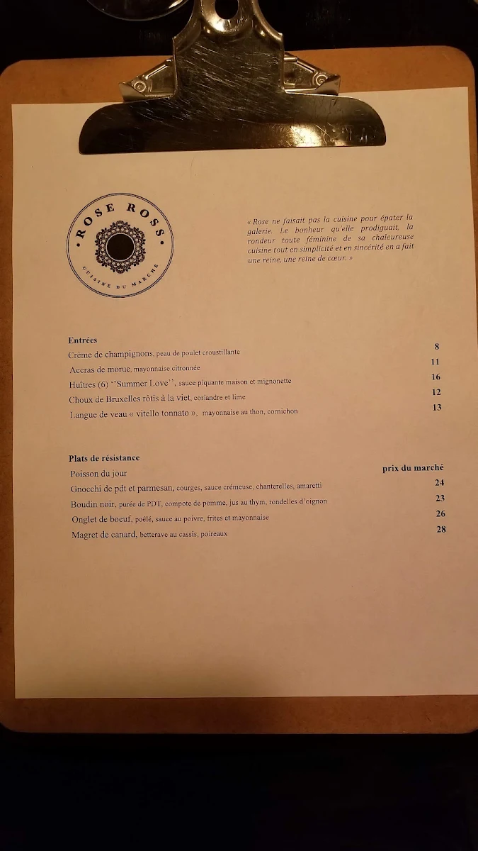 Menu, Rose Ross Restaurant