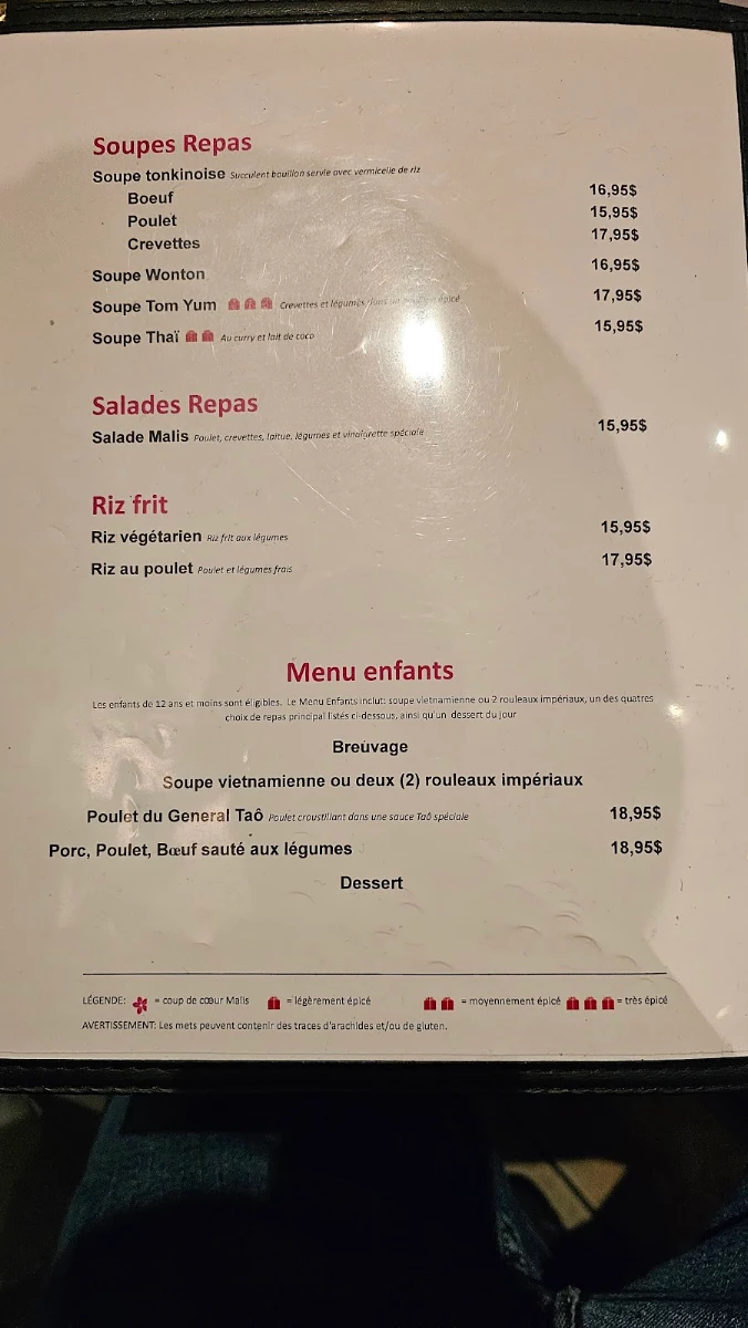 Menu, Malis Restaurant