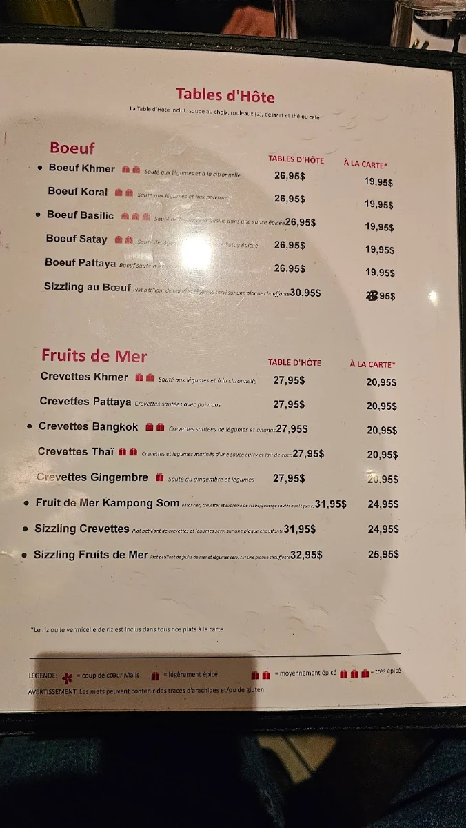 Menu, Malis Restaurant