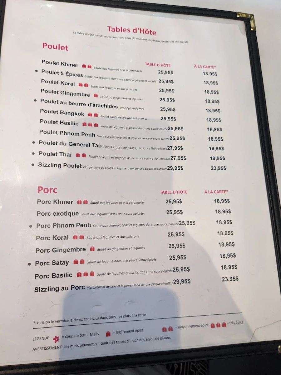 Menu, Malis Restaurant