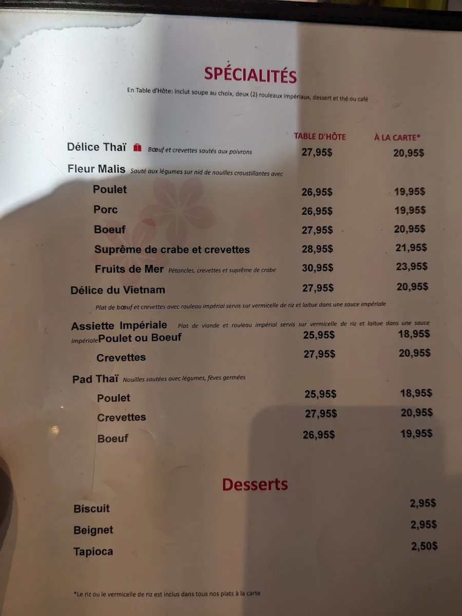 Menu, Malis Restaurant