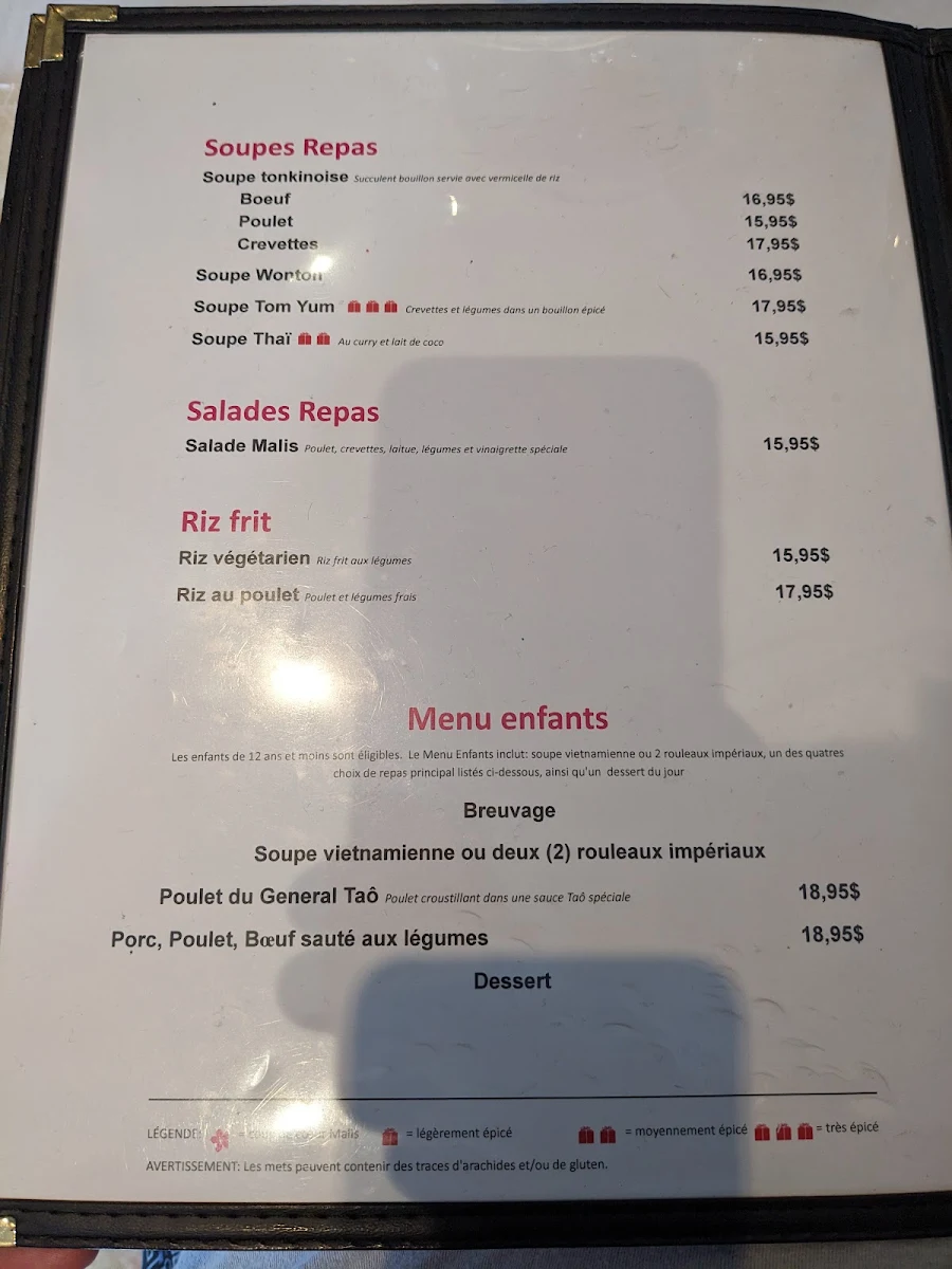 Menu, Malis Restaurant