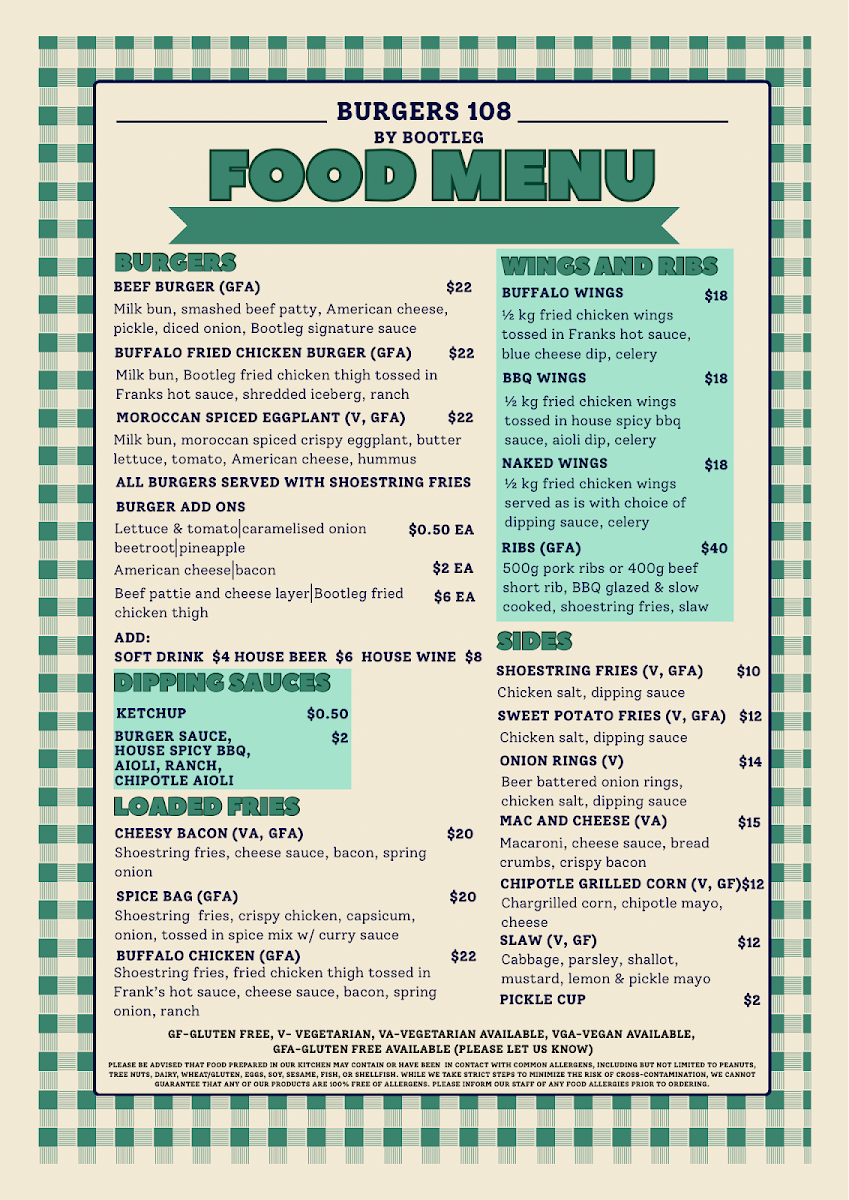 Menu, Burgers 108