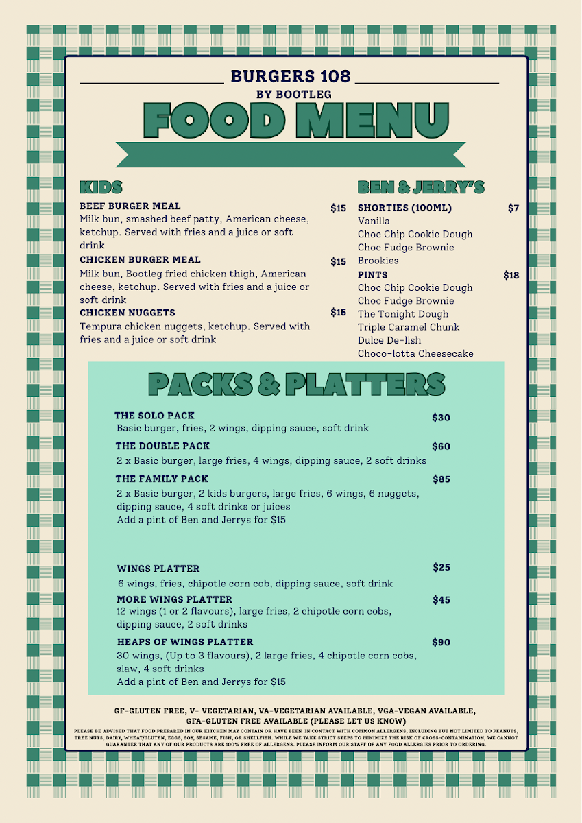 Menu, Burgers 108