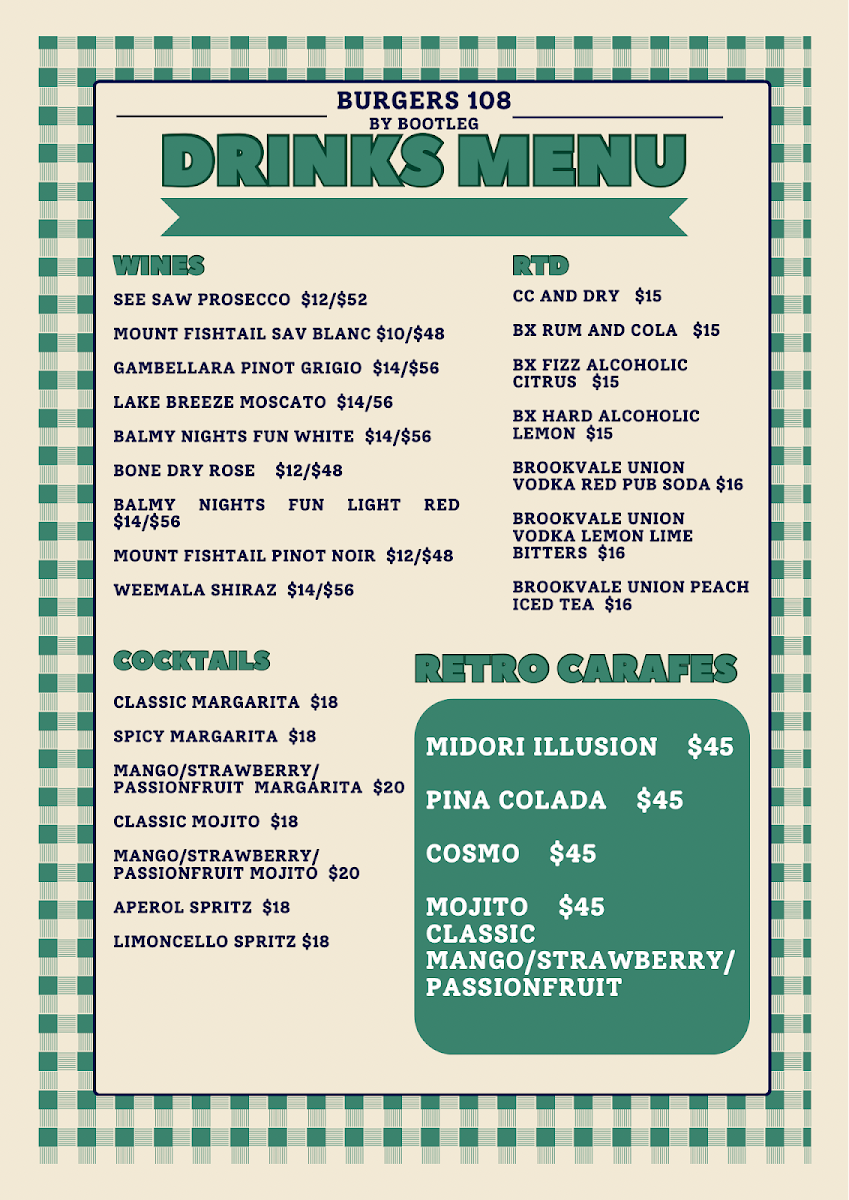Menu, Burgers 108