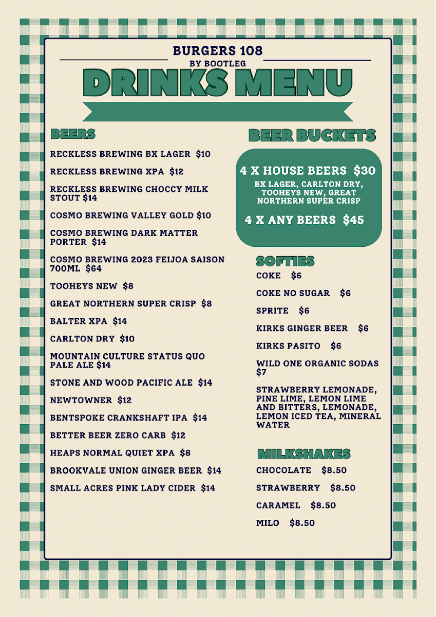 Menu, Burgers 108