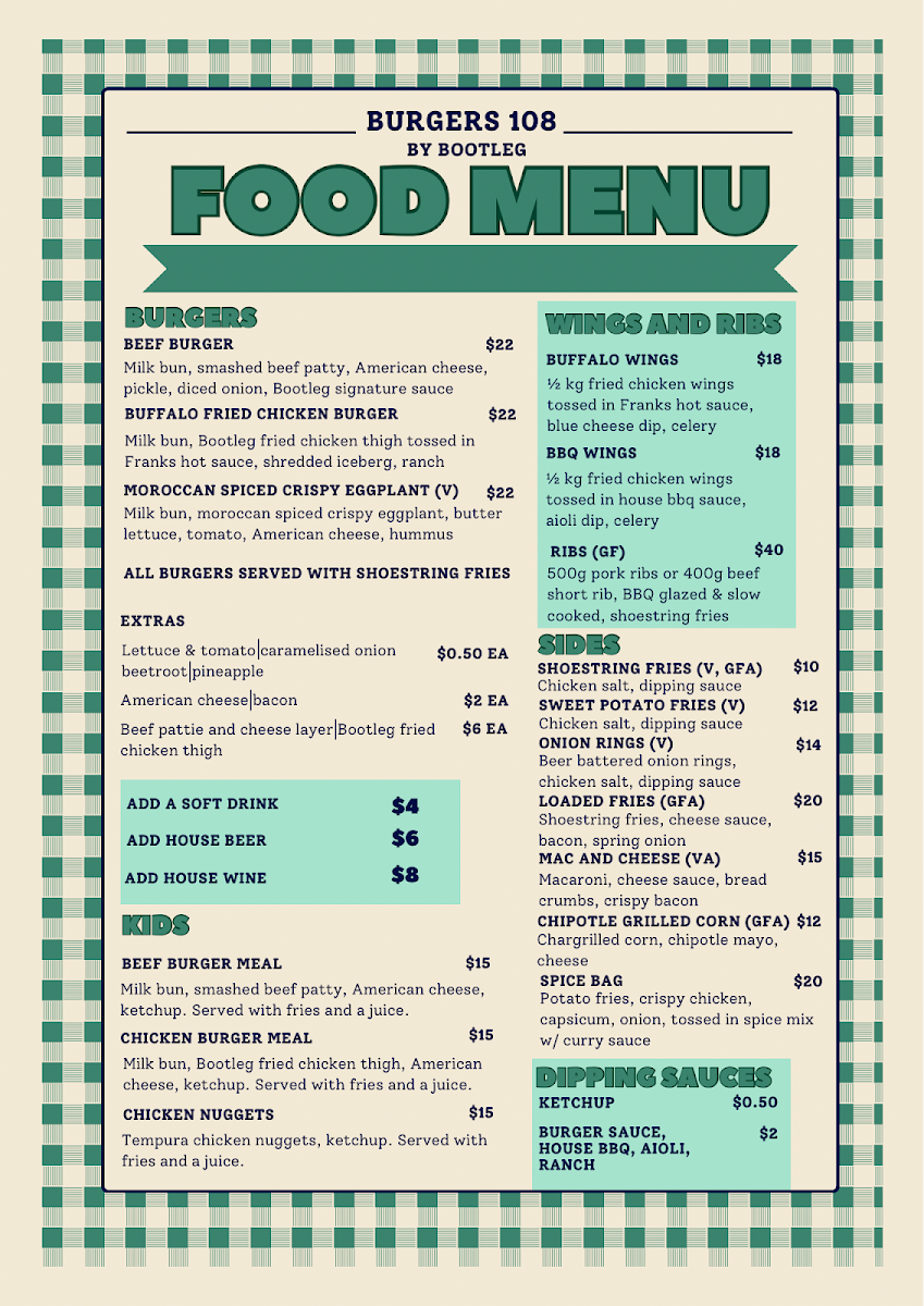 Menu, Burgers 108