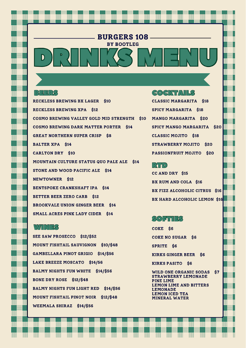 Menu, Burgers 108