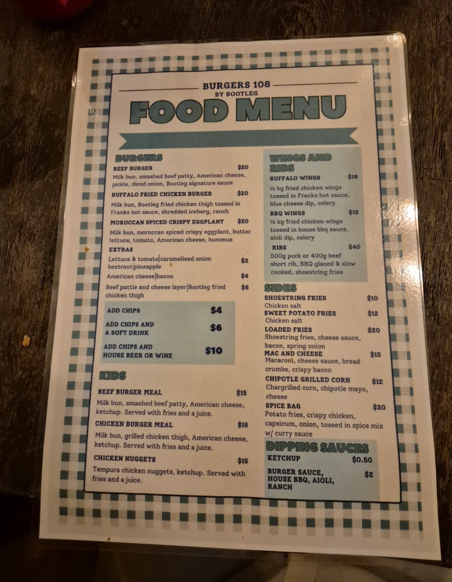 Menu, Burgers 108