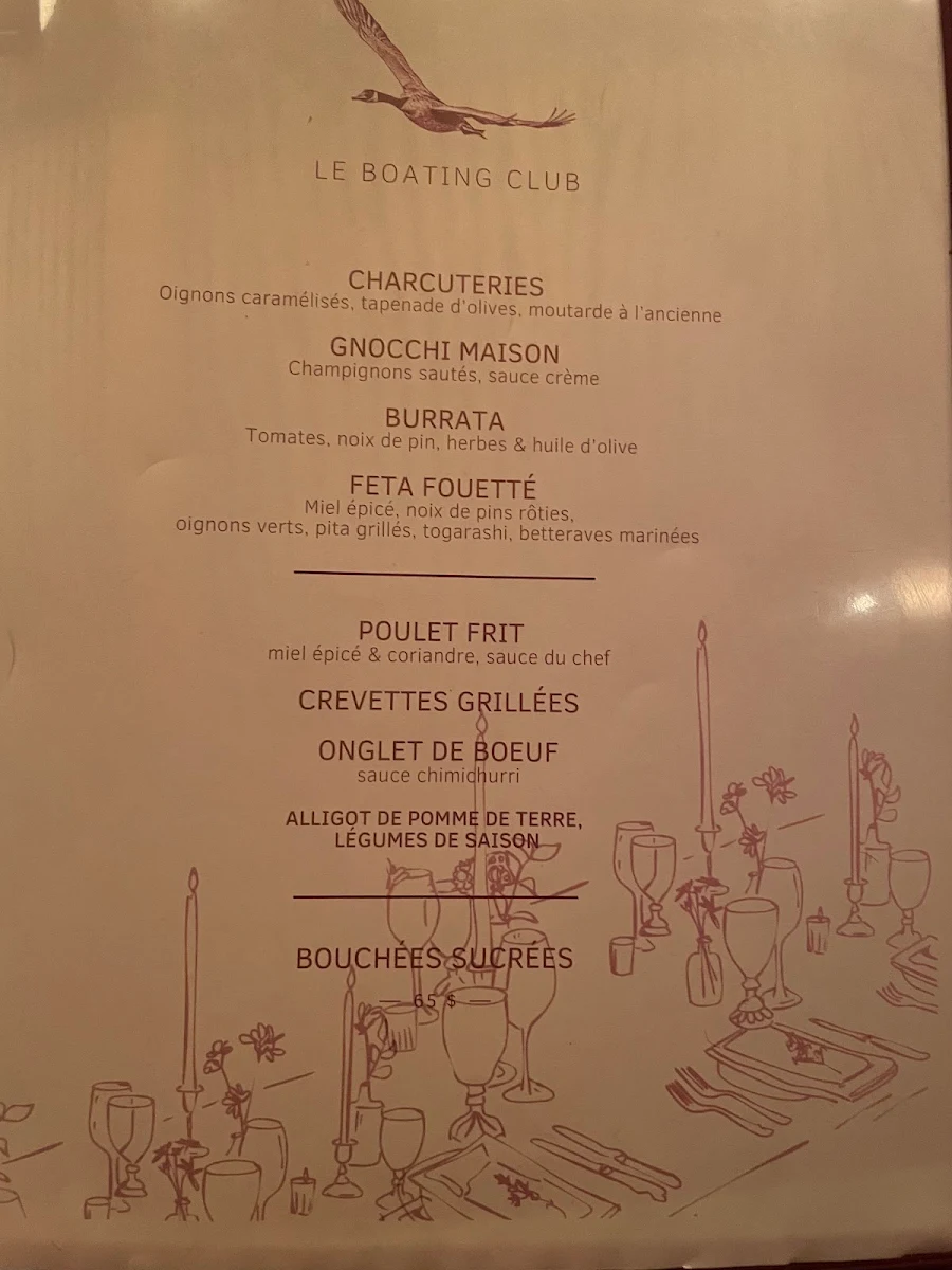 Menu, Le Boating Club